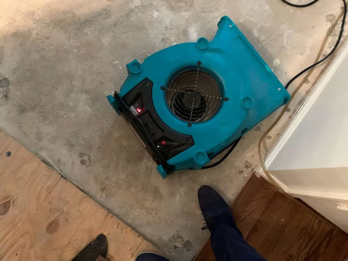 Air mover drying subfloor during Commercial Water Damage Restoration in Dyer